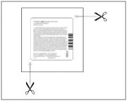 Diagram of a package insert with cutting lines and scissor icons positioned at the corners for trimming a