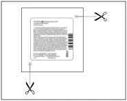 Diagram of a package insert with dashed cutting lines and scissor icons positioned at the corners for cutting the document