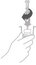 A hand holds a medication vial while a syringe is inserted into the stopper, with a black arrow indicating a counterclockwise rotational movement