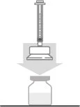 Diagram showing a syringe with a plunger moving downward, with a directional arrow above a medication vial