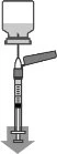 Medical device with an infusion bag connected to a tube, a syringe with graduated markings, and a downward-pointing arrow