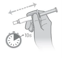 Hand holding a syringe with an oscillating motion indicated by arrows and a timer showing 10 seconds