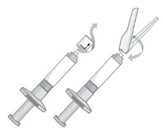 Diagram showing how to rotate and separate the upper part of a syringe to open it in half through a twisting and pulling motion