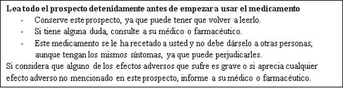 Spanish text on a white background advising to read the package leaflet, keep it, and consult a doctor in case of doubts or adverse effects