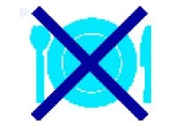 Blue icon of a plate with fork and knife overlaid with a large blue cross, indicating prohibition of eating or taking meals