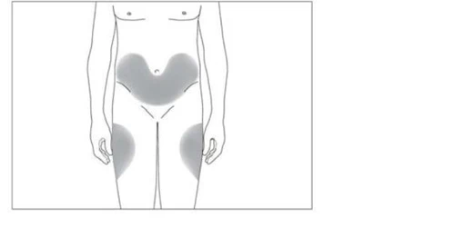 Human body diagram highlighting in gray the abdominal areas and upper thighs for injection sites