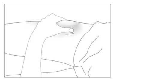 Line drawing of a hand pressing with the thumb and index finger