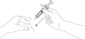 A hand holds a syringe with needle pointing toward the skin of an arm, indicated by a dashed arrow for injection