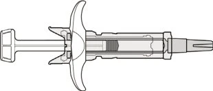 Disegno tecnico in bianco e nero di una siringa orizzontale con pistone, corpo cilindrico trasparente e ago sulla punta destra