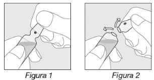 Two illustrations show hands holding a vial to separate the cap with a twisting motion indicated by curved arrows