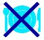 Blue icon of a plate with cutlery on a white background, overlaid with a large blue cross indicating the prohibition of eating or drinking