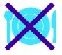Blue icon of a plate with fork and knife, topped by a large purple cross indicating the prohibition of eating or consuming food