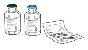 Two glass vials with green and blue caps next to a pre-filled syringe