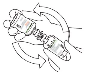 Two hands hold and rotate two vials connected by a connector, with curved arrows indicating rotational mixing movement