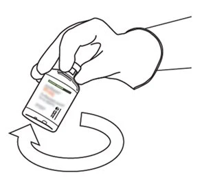 One hand holds a medicine vial tilted at an angle with a curved arrow underneath indicating a clockwise rotational movement