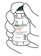Two hands firmly hold a medical vial with a green cap and a