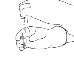 Line drawing of two hands holding and opening a medical package or device with a central interlocking mechanism