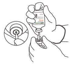 Black and white drawing showing two hands drawing liquid from a vial using a syringe with an enlarged detail of the