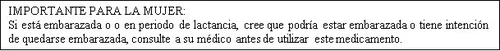 Spanish text on a white background warning pregnant or breastfeeding women to consult a doctor before using the medication