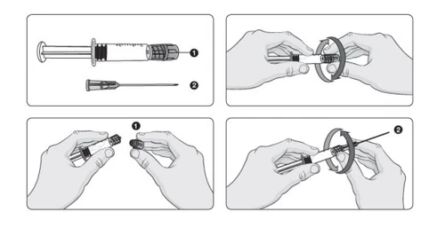 Four-step diagram showing how to screw a needle onto a syringe by hands holding the components and rotating them