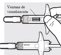 Disegno tecnico di una penna iniettiva con finestra di visualizzazione per il lotto e la scadenza e una mano che la impugna lateralmente