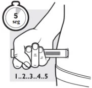 Una mano impugna una penna iniettiva premendola contro la pelle con un cronometro che indica 5 secondi e una sequenza numerica da 1 a 5