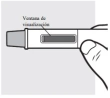 Illustrazione di una mano che tiene un dispositivo medico con una finestra di visualizzazione rettangolare indicata da una linea nera