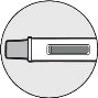 Disegno stilizzato in bianco e nero di un dispositivo medico rettangolare con una finestra di controllo centrale su sfondo grigio circolare