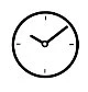 Icona stilizzata di un orologio analogico circolare con quadrante bianco, lancette nere e piccoli segni per le ore su sfondo bianco