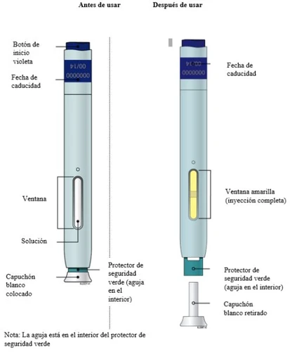 Diagram of an injection pen before and after use