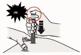 Hands holding an autoinjector pressed against the skin with a black downward arrow and a cloud label reading 'click'