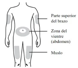 Human body diagram with gray areas indicating injection sites on the upper arm, thigh, and abdomen