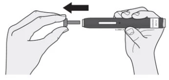 Two hands inserting a cap or cylindrical component into a pen-shaped medical device following the direction of a black arrow