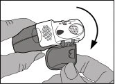 Two hands holding a white and grey medical device while a black arrow indicates downward rotation of the lower component