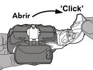 Hands opening a medical device with an arrow indicating the opening movement