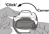 Two hands holding a circular medical device while a curved arrow indicates closing movement to the left with the word 'Click'