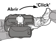 Disegno tecnico che mostra una mano che apre un dispositivo medico con un movimento verso l'alto indicato da una freccia e dalla scritta Click