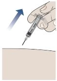 A hand holding a syringe with the needle pointing downward over a skin surface, with a blue arrow indicating a downward movement