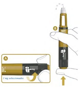 Close-up of a hand holding an injection pen with dosage set to 0.2 mg and a yellow arrow indicating the