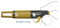 Cylindrical medical device in gold and black with a display indicating 24 mg and a curved arrow pointing toward the upper part of the body