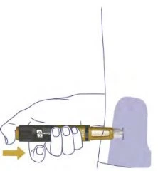 A hand holds an injection pen horizontally, pressing the button with the thumb against the purple-colored skin of the thigh