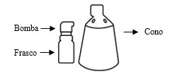 Schema tecnico con frecce che indicano un contenitore cilindrico con pompa e un contenitore a forma di cono con apertura superiore