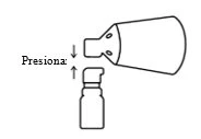 Disegno schematico che mostra una mano che preme un contenitore verso il basso per fissare il tappo su un flacone sottostante, con frecce verticali