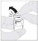 Two hands hold a glass vial while one hand removes the cap with a curved motion indicated by a black arrow
