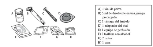 Medical diagram with labeled components: vial A, syringe B, plunger C, adapter D, infusion set E, wipes F, adhesive bandages G, and gauze H