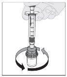 A hand holds a syringe above a vial while two curved arrows indicate the rotational movement for attachment