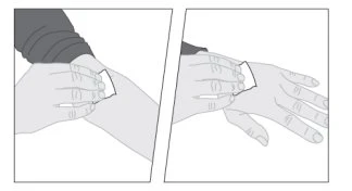 Technical illustration showing two hands applying a small white adhesive bandage to the upper arm and back of the hand