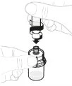 Two hands rotating a cylindrical vial downward to screw it onto a container with liquid inside