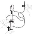 Technical drawing showing a hand pressing the plunger of a syringe with a black arrow pointing toward the