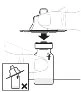 Technical drawing showing a hand pressing a device over a vial with an arrow pointing downward and a prohibition symbol in the bottom left